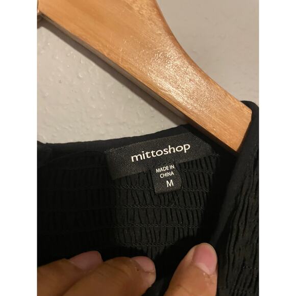 Mittoshop Womens Dress Medium Black Satin Smocked Contrast Sleeve Goth Victorian - Picture 2 of 8